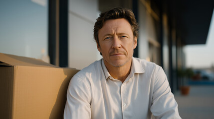 Obraz premium Middle-aged man in neat pressed shirt sitting outside closed office building with cardboard box, quiet dignity on his face, spring afternoon sunlight, job loss, layoff, white collar unemployment, pr
