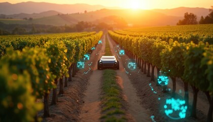 Naklejka premium Smart vineyard with autonomous vehicle and glowing sensors among grapevines at sunset. Technology monitors crop growth in this modern farm field.