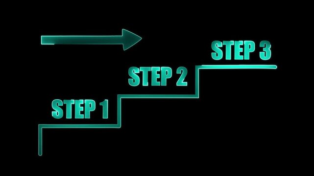 Neon Green Step by Step Process Infographic with Arrow on Black Background for Business Presentation.