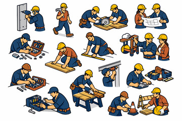 Fototapeta premium Construction Workers Doing Various Tasks