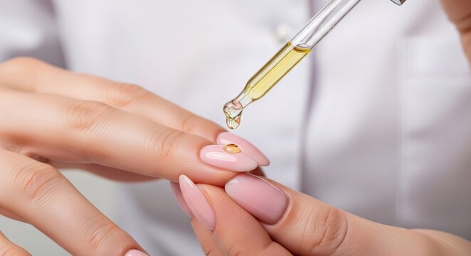 Technician applying moisturizing cuticle oil with glass dropper to freshly manicured hand. Premium salon service and wellness self-care ritual for high-end beauty and hospitality branding.