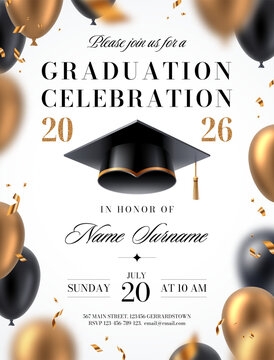 Graduation party invitation card template. Realistic 3D black and gold balloons, academic cap and golden confetti on white background. Elegant vector layout for college celebration.