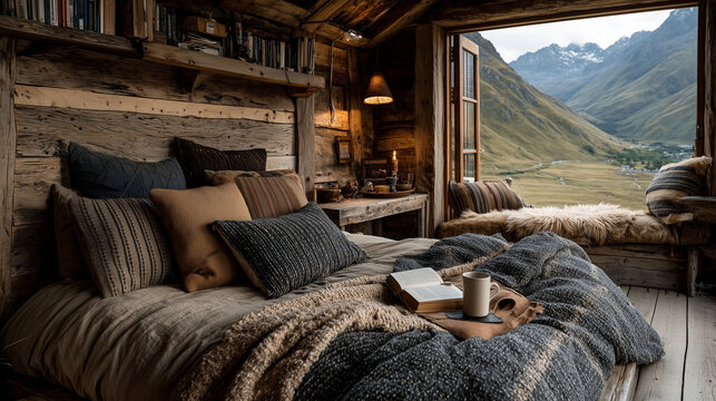Cozy wooden cabin interior with an open window overlooking a misty morning forest, ideal as a peaceful virtual background.