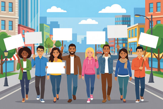 Multiethnic group, of protesters walking a city street  holding blank signs.