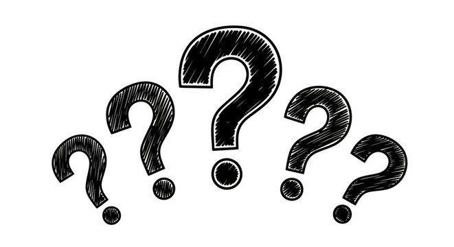 Collection of black question marks in varying sizes on white background.
