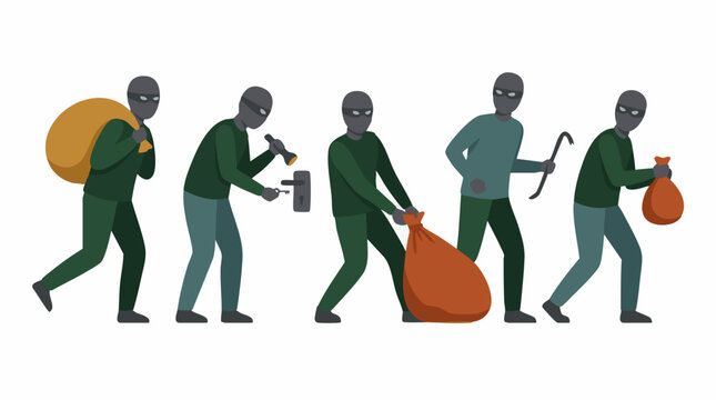 Group of masked burglars with crowbar, flashlight, key, and sacks of loot