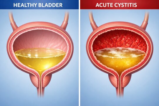 Cystitis bladder medical comparison diptych shows healthy bladder with smooth mucosa versus acute cystitis with inflamed thickened lining and cloudy urine, detailed urology pathology render