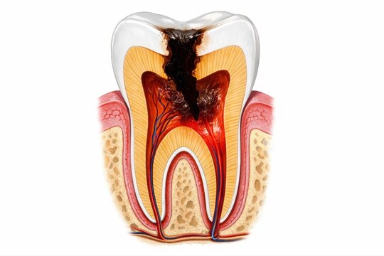 Dentistry dental caries molar cross section illustration shows deep cavity penetrating enamel into dentin approaching inflamed pulp, clear decay progression pathology render