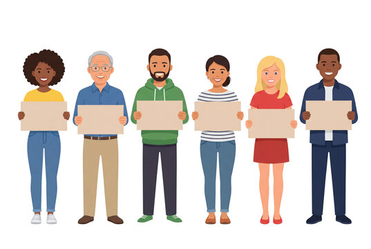 Group of people holding blank cardboard signs. Multiple ethnicities and ages. Transparent background.