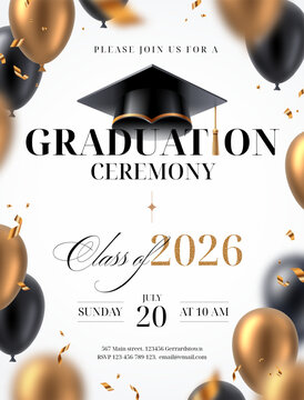 Graduation ceremony invitation vector template. Class of 2026 elegant poster with realistic 3D black and gold balloons, mortarboard cap and shiny confetti on white background.