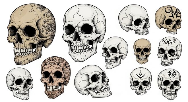 Detailed Artistic Skulls Collection on White Background.
