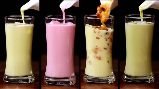 4 glasses milkshake combo including pistachio saffron milkshake, almond saffron milkshake, rose milkshake and fresh fruit milkshake. Perfect for drink, smoothie, juice, dessert, Indian beverage, caf&eacute; 