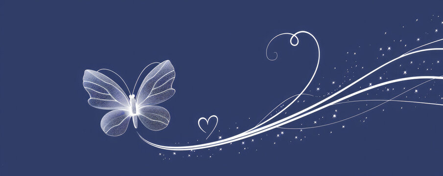 Simple butterfly outline white glitter hearts dark navy background minimal clean copy space