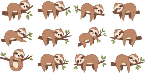 Fototapeta premium Cute Sloth Icon Set Featuring Lazy Sloths Hanging on Branches with Leaves for Animal, Wildlife, and Nature Designs