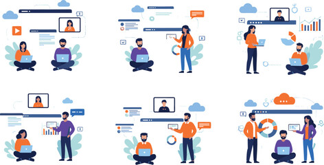Fototapeta premium Remote work and online communication vector set with video calls, cloud collaboration, digital workflow and team interaction illustration