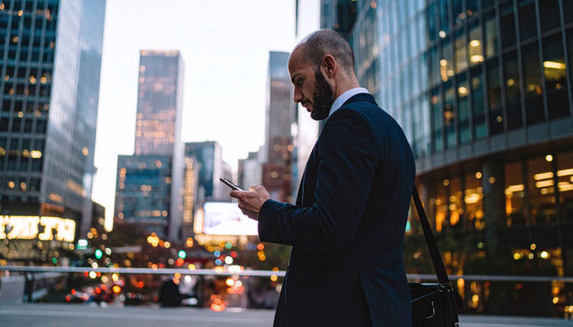 A professional businessman in a sleek suit checks his smartphone amidst towering city skyscrapers at twilight. This cinematic shot captures modern connectivity, finance, and urban ambition.