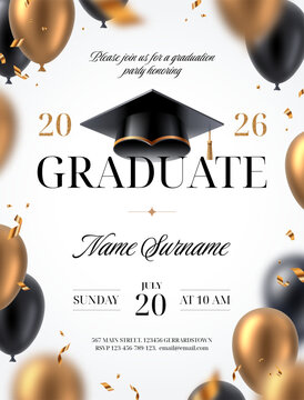 Graduation party invitation vector template. Realistic 3D black and gold balloons, academic cap and confetti on white background. Elegant layout for university or college celebration.