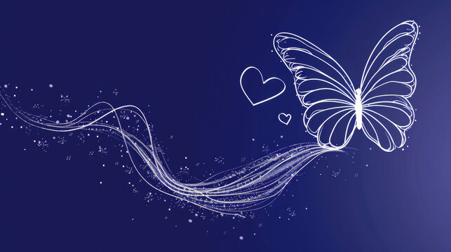 Thin line butterfly white glitter hearts navy background decorative minimal clean copy space