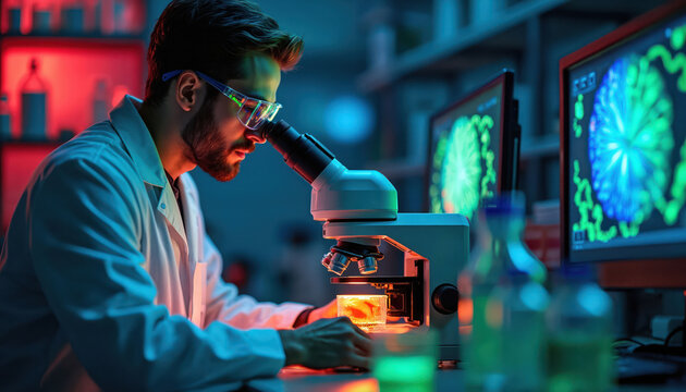Scientist looks in microscope, studies glowing cells on computer screen. Researcher works in lab with equipment for scientific analysis and medical research.