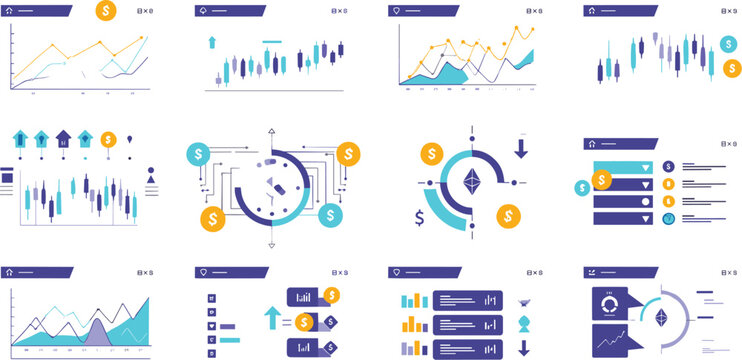 Financial data analytics dashboard vector set with stock charts, trading graphs, cryptocurrency metrics and business infographic elements