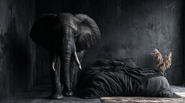 A large elephant stands beside a bed in a dark room with a textured wall and floor