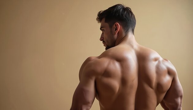 Man powerful muscular back and shoulders seen from behind. Detailed view shows defined muscles, strength, and toned physique. Fitness inspiration for workout and health goals.