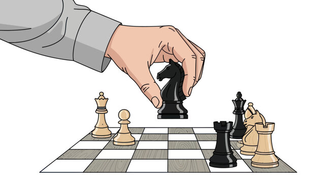 Hand moving black chess piece board.