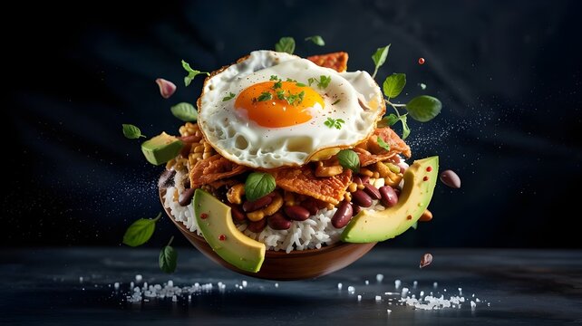 Dynamic deconstructed Bandeja Paisa
with floating chicharron, fried egg, and
avocado, Colombian national dish in
cinematic motion on dark background