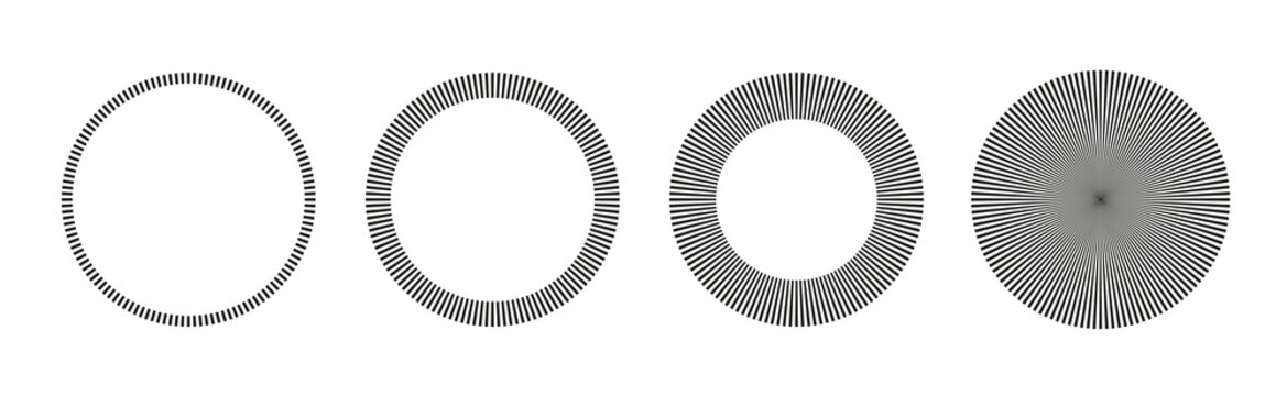 Set of abstract geometric radial shapes. Black sunburst circular frames, starburst borders and line rings isolated on white background. Vector graphic design elements.