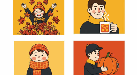 Fototapeta premium Flat design vector illustration of happy people enjoying autumn season with warm drinks and harvest celebration lifestyle concept