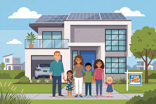 Young cheerful family in front of the contemporary home they just bought in suburban area, electric vehicle in garage, realtor sign in front yard