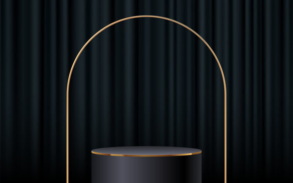 Elegant 3D black cylinder podium with golden arch frame on dark fabric curtain background. Luxury mock up template for product presentation.
