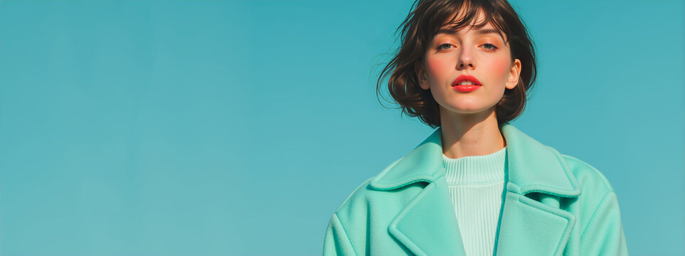 Fashion portrait of a young woman in a mint green coat against a blue sky. Stylish model with short hair and makeup. Spring banner with copy space