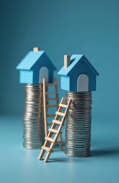 Two tiny blue houses sit on tall coin stacks. Wooden ladders lean against the money towers. The image symbolizes real estate investment growth, financial planning, and property wealth.