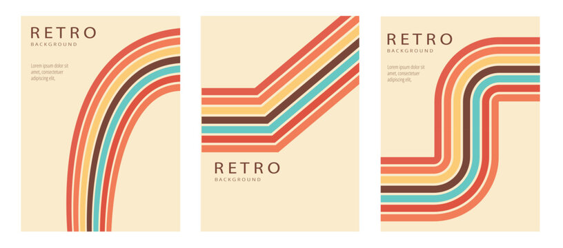 Abstract retro 70s posters collection,Colorful vintage 1970 stylish wallpaper with lines, stripes, curve shapes,can be used for poster, banner, decorative, wall art