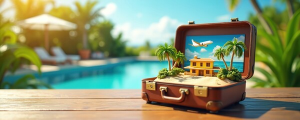 Naklejka premium Open suitcase displays tropical island scene with tiny house palm trees airplane flying above blue sea. Resort poolside blurry background suggests vacation destination.