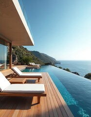 Fototapeta premium Luxury villa with infinity pool overlooking sea. Modern architecture wooden deck chaise lounges offer ultimate relaxation with ocean view. Tropical paradise vacation.