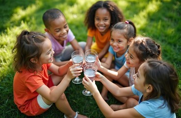 Fototapeta premium Diverse children in park toast with glasses of water. Young friends celebrate summer day outdoors, happy smiles, share joy refreshment together. Healthy lifestyle bonding.