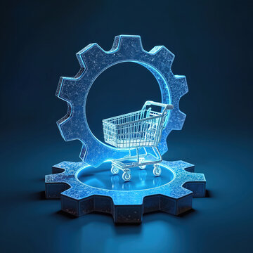 Shopping cart symbol integrated into glowing blue gear mechanism representing online retail processes and automated commerce systems. Future of digital buying and selling.