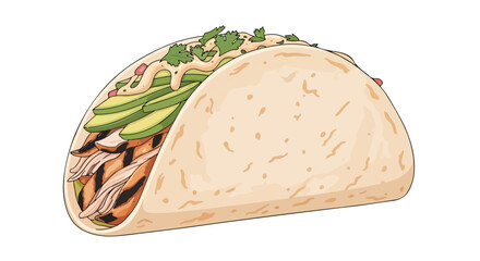 Fototapeta premium Hand drawn illustration of a delicious chicken taco with avocado and cilantro.
