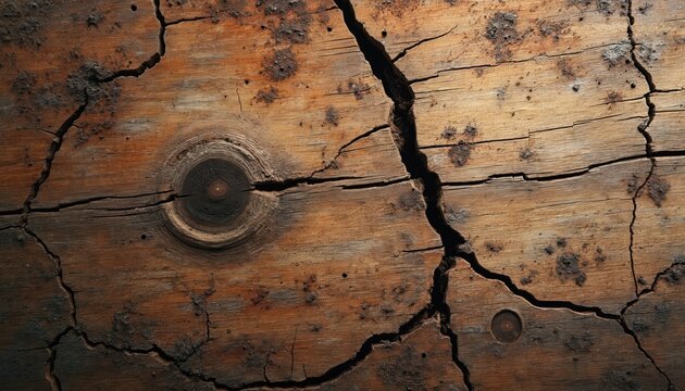 Aged cracked wood surface with dark knots and rough texture. Brown timber shows deep splits and weathered grain. Natural rustic organic background with copy space.