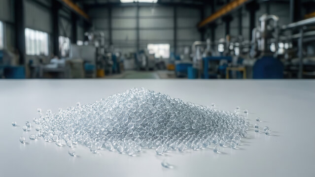 Translucent polymer pellets scatter across white surface, industrial background with copy space for plastic production concept