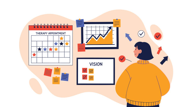 Business planning, vision board, calendar, and graph icons, flat design