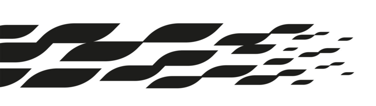 Abstract dynamic speed lines fading to the right. Black and white wavy geometric shapes. Monochrome motion vector element for racing decal, sport banner or horizontal background.