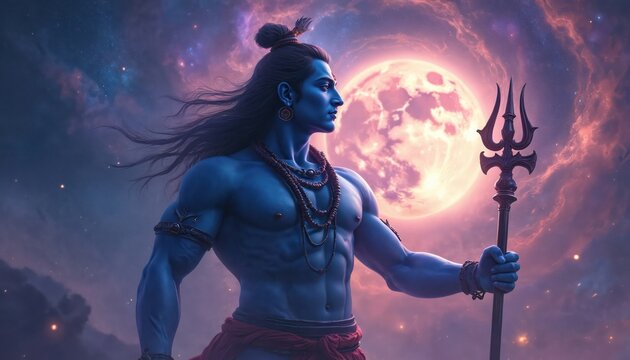 Blue skinned Hindu God Shiva holds trident weapon against cosmic sky with large moon. Divine being emanates powerful energy in universe. Deity represents destruction creation yoga.