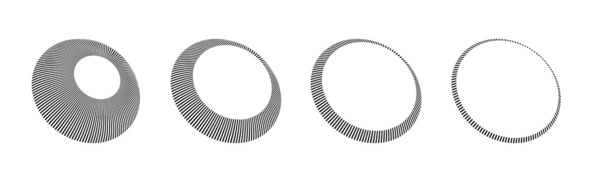 Set of abstract 3D striped rings. Geometric optical illusion shapes, monochrome line art vector design elements isolated on white background.