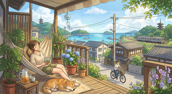 Peaceful afternoon on a coastal Japanese town balcony with a woman relaxing in a hammock and a Shiba Inu dog sleeping
