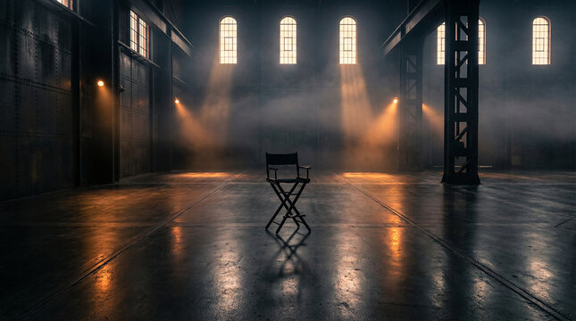 Empty director chair centered in cinematic studio with dramatic lighting and fog, symbolizing filmmaking, production setup, creative direction, casting and behind the scenes movie industry.