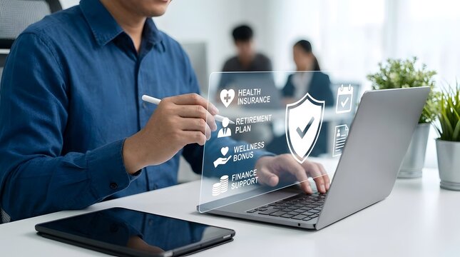 Professional employee benefit package concept featuring diverse corporate welfare incentives including health insurance, retirement savings plan, and worker compensation rewards.