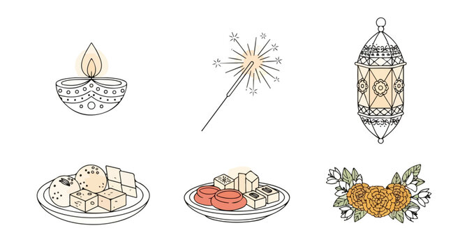 Hand drawn collection of Diwali festival elements including oil lamp diya sparkler lantern traditional Indian sweets mithai and marigold flower garland for Hindu celebration